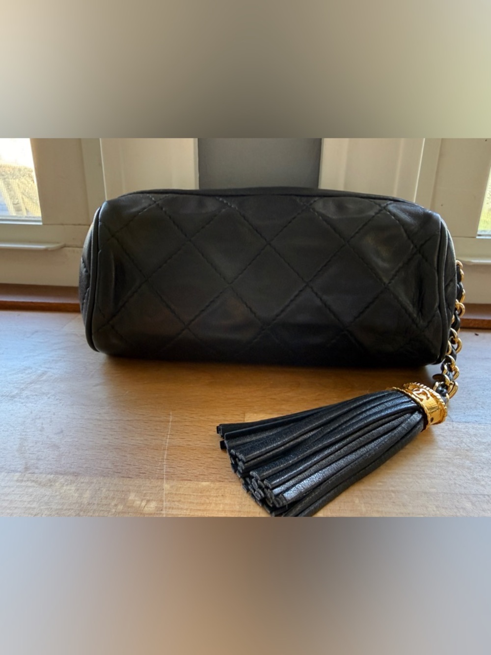 Authentic Vintage Chanel Quilted Black Lambskin Barrel Bag – Tassel & Gold Chain